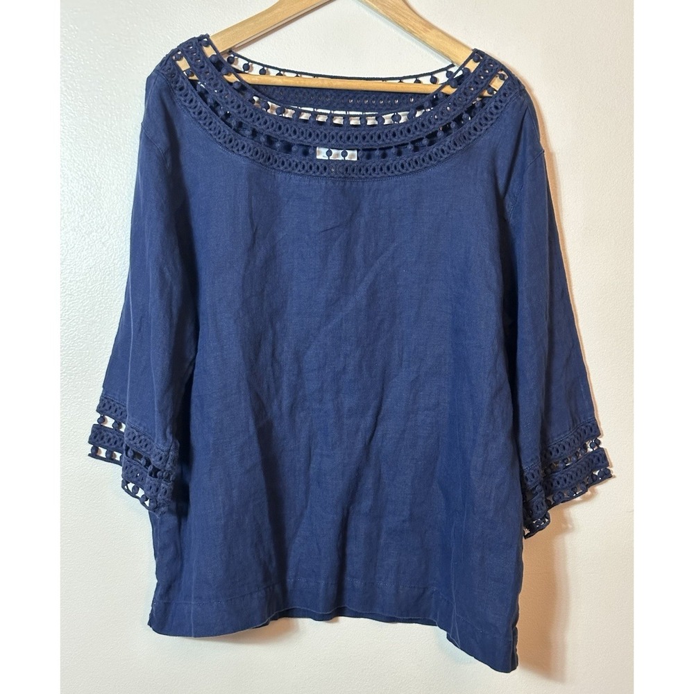 J. Jill Top Love‎ Linen Women's Small Navy Blue 3/4 Crochet Trim Lagenlook Tunic